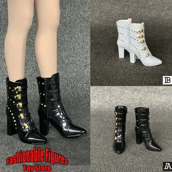 Черный/Белый цвет ZY1023, женские солдатские ботинки 1/6, готические короткие ботинки средней длины с острым носком, полые ботинки для 12-дюймовой фигурки
