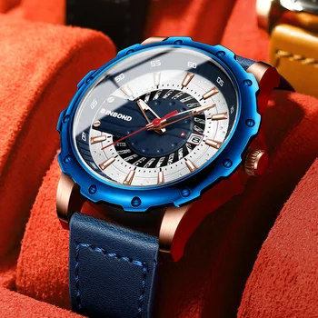 Высококачественные Роскошные Синие Кварцевые Наручные Часы с Уникальным Кожаным Ремешком, Деловые Мужские Часы, Модные Повседневные Спортивные Часы Reloj Hombre