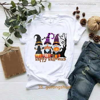 2022 Новая Футболка Happy Halloween, Футболка Love Gnome, Женская одежда С Принтом Тыквы, Женская одежда в стиле Харадзюку, Топы с коротким рукавом