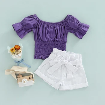 Летняя одежда-тройка для девочек, Однотонная плиссированная футболка с коротким рукавом + Короткие брюки с оборками + Декоративный пояс на талии 6 М-4 Года