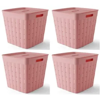 Корзина для хранения Your Zone для детей и подростков из пластика широкого плетения розового цвета с крышкой, 4 упаковки