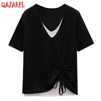 2023 Черная полосатая трикотажная хлопковая футболка с коротким рукавом Женская Корейская винтажная повседневная верхняя одежда Летняя Новая Элегантная облегающая верхняя рубашка