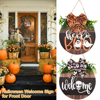 Новый 11,8-дюймовый Приветственный знак на Хэллоуин, Милый Висячий Приветственный знак на входной двери, Приветственный знак из дерева с Бантом на Хэллоуин, Креативный Белый