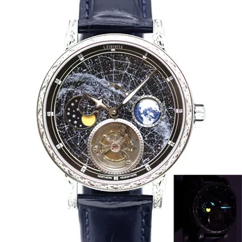 Супер Мужские механические часы с Автоматическим Турбийоном Milky Way 3D Rotate Earth Moonphase Деловые мужские наручные часы со Светящимся циферблатом