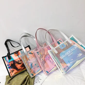 Летняя водонепроницаемая женская сумка для покупок большой емкости, модные лазерные прозрачные ручные сумки через плечо с небольшим кошельком в комплекте