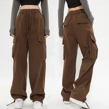 Брюки-карго женские ретро повседневные прямые брюки уличная мода широкие брюки с большим карманом на веревочке пара свободных брюк женские
