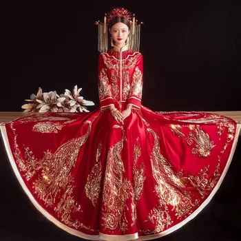 Ретро Китайская Изысканная Вышивка Бисером, Традиционное Свадебное Платье Жениха и Невесты Чонсам Свадебное платье