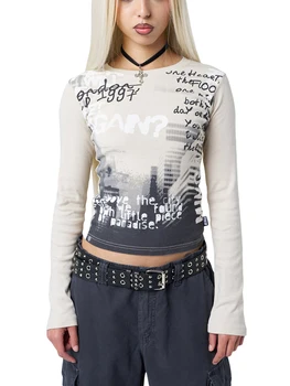 Женские графические топы с длинным рукавом, круглым вырезом и буквенным принтом, облегающие футболки, Уличная одежда, винтажные блузки