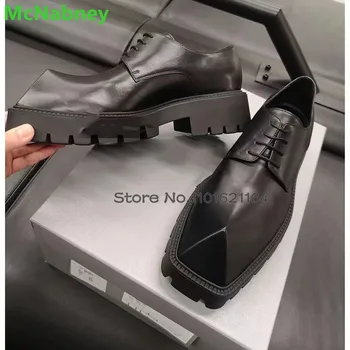 Черные Туфли на шнуровке с квадратным носком, новинка 2023 года, нескользящая толстая подошва, однотонная неглубокая Универсальная деловая обувь из кожаной ткани, Размер 39-45