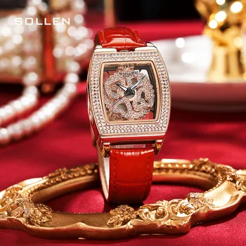 SOLLEN Роскошные Часы с бриллиантами из Розового золота, Модный Красный Кожаный ремешок, Часы-Скелет, Высококачественные Женские часы, Водонепроницаемые Reloj Mujer