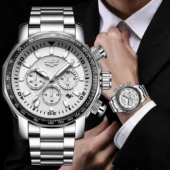 Мужские часы LIGE, деловые кварцевые наручные часы с большим циферблатом, Водонепроницаемый хронограф из нержавеющей стали, светящиеся часы с автоматической датой для мужчин