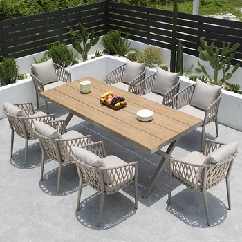 Скандинавские столы и стулья для отдыха во дворе, водонепроницаемый солнцезащитный пластик, деревянный стол, сад, алюминиевый сплав, ротанг