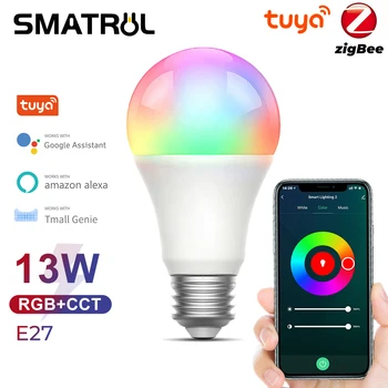 Tuya Zigbee 13 Вт Лампочка E27 RGB LED Лампа с Регулируемой Яркостью Синхронизации с приложением Smart Life Голосовое Управление для Google Home Alexa