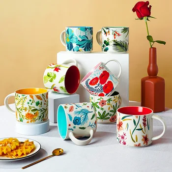 Красивые керамические кружки с цветочной глазурью, Женские кружки, Домашняя Большая емкость, Кружка для завтрака, Кофейная чашка, Чашка для молока