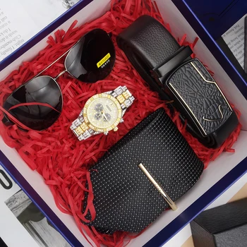 Набор мужских часов Роскошные часы в стиле хип-хоп с полным покрытием из золота, бриллиантов, страз, с поясом, кошельком, галстуком, солнцезащитными очками, подарочной коробкой для мужчин