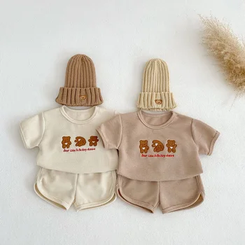 LILIGIRL/ Летний комплект детской одежды с вафлями, костюм для мальчиков, Футболка и шорты для новорожденных, повседневный комплект