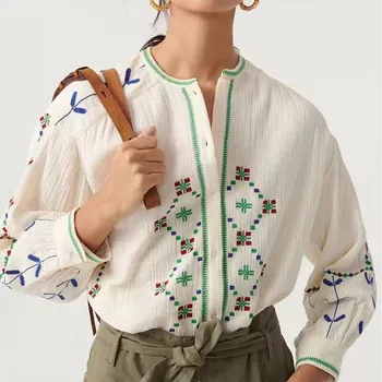Женская блузка с геометрической вышивкой, Однобортная рубашка с круглым вырезом и длинным рукавом, Винтажная рубашка из 100% хлопка