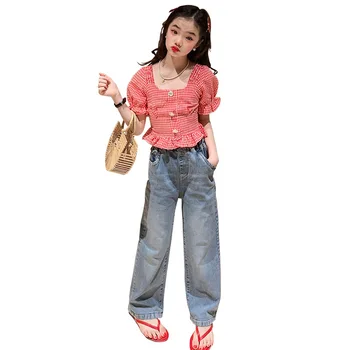 летний комплект одежды для девочек-подростков, рубашка с короткими рукавами в сетку + широкие джинсовые брюки, 2 предмета, детский костюм для девочек во французском стиле