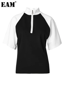 [EAM] Женская Черная Повседневная футболка с цветным блоком Большого размера, Новая Водолазка с коротким рукавом, Мода Tide, Весна-лето 2023 1DF8223