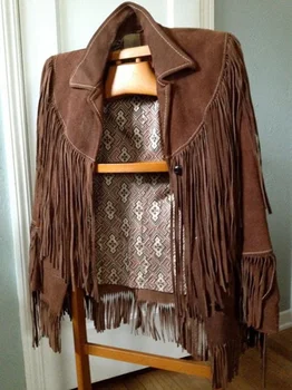 Женская замшевая куртка, Женское весенне-осеннее укороченное пальто в стиле инди-фолк с кисточками, Женские богемные этнические куртки с бахромой и длинными рукавами, коричневые
