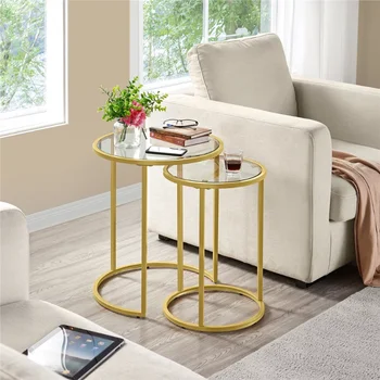 Круглые железные скворечники SmileMart, золотой/прозрачный, набор из 2 маленьких столиков для гостиной