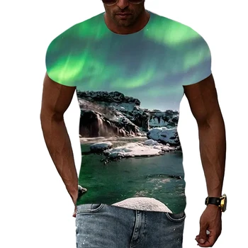 Летние трендовые мужские футболки с рисунком Авроры, 3D Модные повседневные футболки с природным ландшафтом, футболки с коротким рукавом