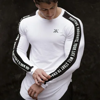 Новая мужская футболка с длинным рукавом, осенняя брендовая одежда для спортзала, хлопковая рубашка для занятий бодибилдингом, мужская повседневная модная тонкая футболка