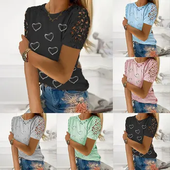 Женские модные свободные повседневные футболки с коротким рукавом и принтом в виде сердца, весенне-осенние кружевные открытые топы