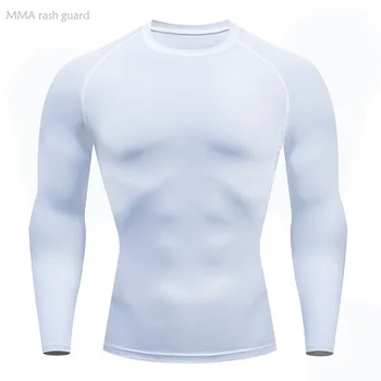 Мужская одежда, Белая футболка, Компрессионная рубашка с длинным рукавом, Защита от Солнца, Вторая кожа, Рашгард для тренировок в тренажерном зале, Рубашка Первого слоя
