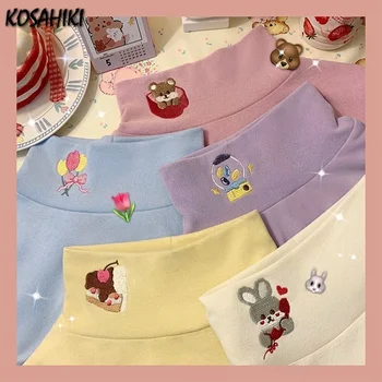 KOSAHIIKI Kawaii, Японские Мягкие Милые Топы с вышивкой для девочек, Женская флисовая футболка с длинными рукавами и высоким воротом, Базовая рубашка, Новинка 2023