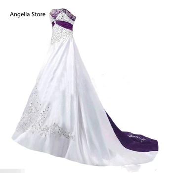 Винтажные белые и фиолетовые свадебные платья 2022 Без бретелек, на шнуровке, с вышивкой бисером, Со шлейфом, Корсет, Свадебное платье Большого размера