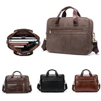 Мужской портфель, Повседневная сумка из натуральной кожи, Деловая 14-дюймовая сумка для ноутбука, Винтажная сумка через плечо на одно плечо