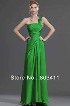 Бесплатная доставка, Зеленое шифоновое вечернее платье трапециевидной формы с прямым вырезом на одно плечо, зеленое шифоновое вечернее платье