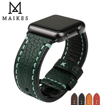 MAIKES Зеленый Кожаный Ремешок Для Apple Watch Band 45 мм 41 мм 44 мм 40 мм 42 мм 38 мм Series 7 6 SE 5 4 3 iWatch Браслет Ремешок Для Часов