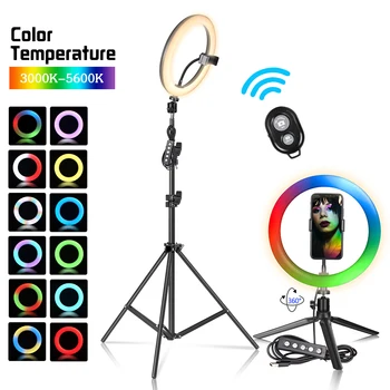 10 “RGB светодиодный кольцевой светильник для Селфи, 15 цветов, кольцевая лампа с регулируемой яркостью, с подставкой, держатель для штатива, Фотостудия для макияжа телефона, Live Youtuber
