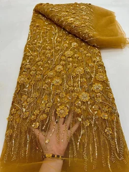 5 ярдов Роскошной африканской кружевной ткани с пайетками 2023, Высококачественная французская Нигерийская Кружевная ткань с бисером Для пошива платья, Свадебной вечеринки