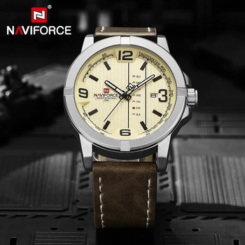 Мужские часы NAVIFORCE от ведущего бренда, военные спортивные часы с календарем, кожаный ремешок, водонепроницаемые деловые повседневные кварцевые наручные часы