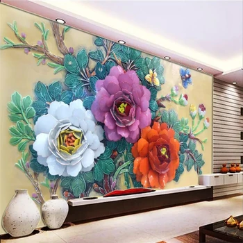 beibehang Индивидуальные большие обои 3d новый китайский рельефный цветок пиона цветущая фреска гостиная ТВ фон обои