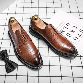 Мужские туфли-дерби из искусственной кожи на низком каблуке со шнуровкой, дышащие Классические туфли в деловом стиле, удобные классические туфли для банкета