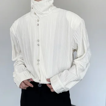 Средневековая Ретро плиссированная мужская рубашка с длинным рукавом Мода 2023 Однотонные однобортные мужские топы Корейская повседневная Camisa