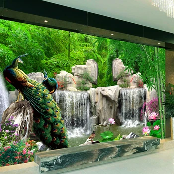 3D обои Современный бамбуковый лес Водопад Павлин Фотообои Гостиная Спальня Диван Домашний декор Ткань для стен Водонепроницаемые обои