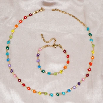 Ожерелья Go2Boho, комплекты украшений для женщин, Бохо, Радужные украшения, Бисер Miyuki, Браслет и ожерелье ручной работы, Плетеный цветок, маргаритка