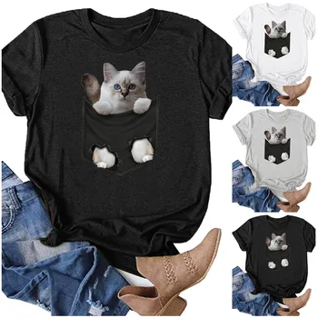 Женская футболка с принтом Кота из Кармана, Короткий рукав, O-Образный Вырез, Свободная Женская футболка, Женская футболка, Топы, Camisetas Mujer
