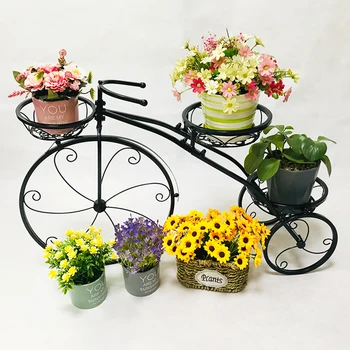 Черный/белый трехколесный велосипед подставка для растений Цветок 3 горшка Держатель тележки Стойка для плантатора Дисплей Сад патио