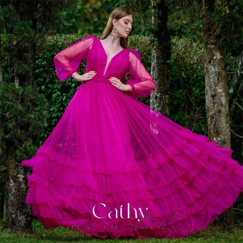 Cathy Fantasy Ярко-розовое Платье Трапециевидной формы с V-образным вырезом и открытой спиной 2023, Нежное многослойное Платье Vestidos De Noche